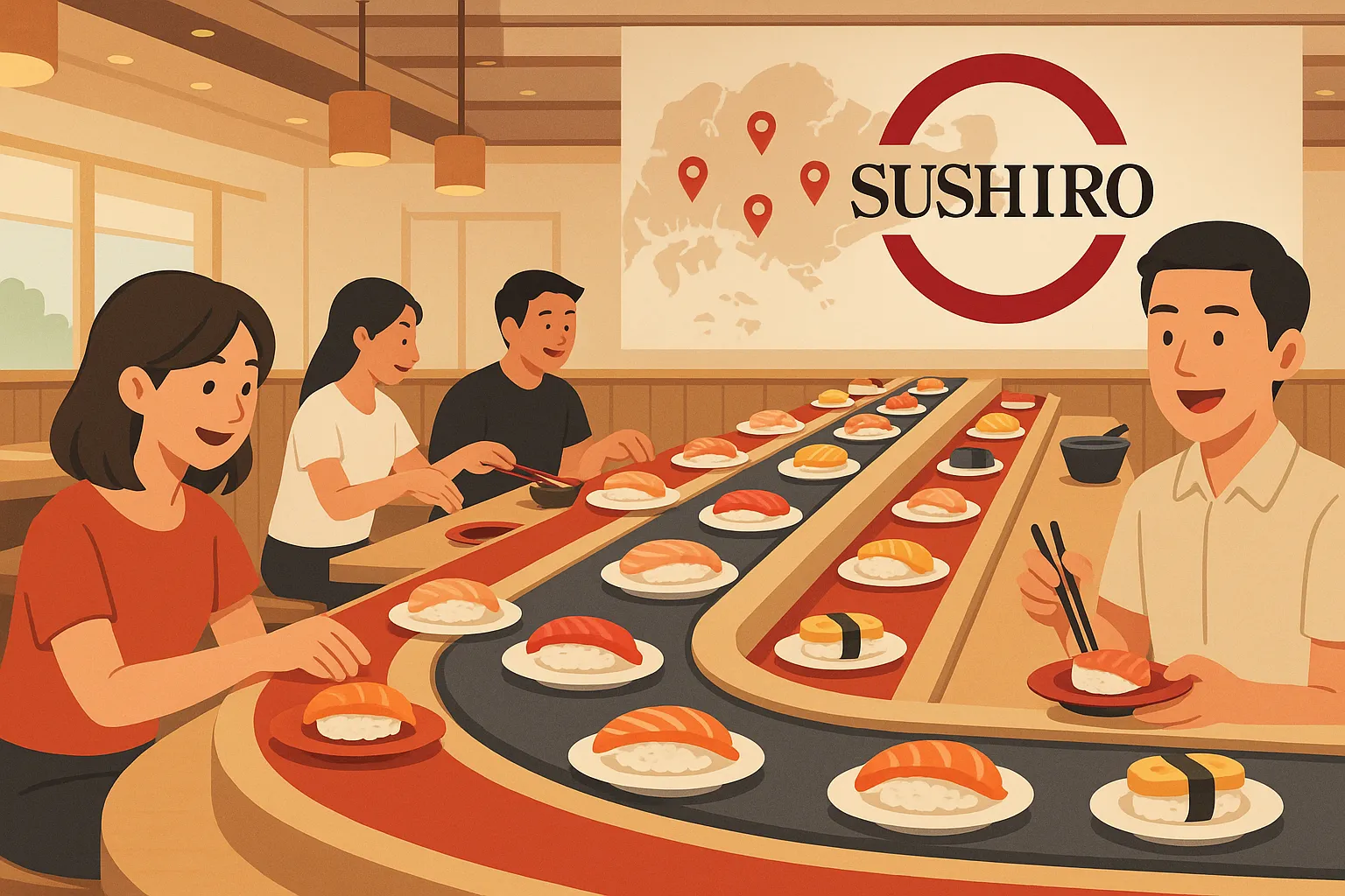 Some people Enjoy Sushi at sushiro outlet 3D image with Sushiro singapore logo and locations pins at the back